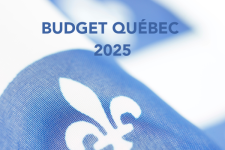 Image d'un drapeau du Québec et les mots Budget Québec 2025