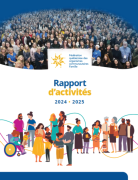 Page couverture du rapport d'activités sur laquelle les membres sont posés. Des bonhommes illustrent également différentes familles.